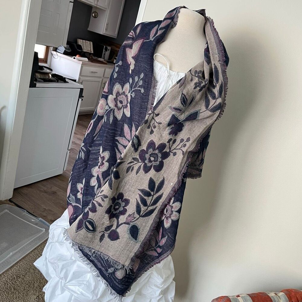 VTG Double Weave Floral Shawl Scarf Oversized Navy & Taupe 28x80